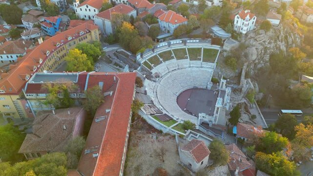 Aerial view of the ancient Roman theater of Philippopolis in Plovdiv, Bulgaria during sunrise