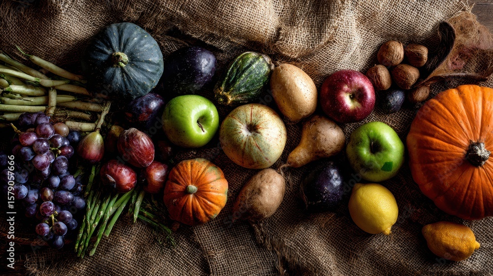 Aufkleber flatlay of colorful fall vegetables and fruits arranged on burlap with rustic appeal and negative sp