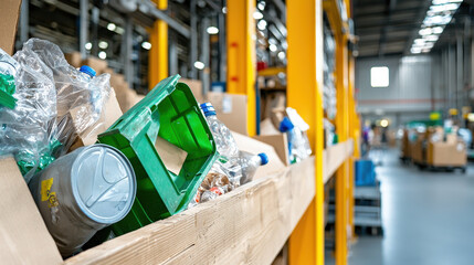 Recycling center with plastic bottles and containers in warehouse, showcasing eco friendly practices and sustainability efforts