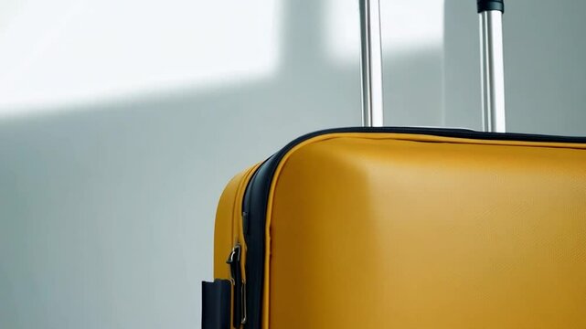 Bright yellow rolling suitcase with extended handle positioned against clean white background, creating perfect travel and vacation concept with ample copy space for marketing materials