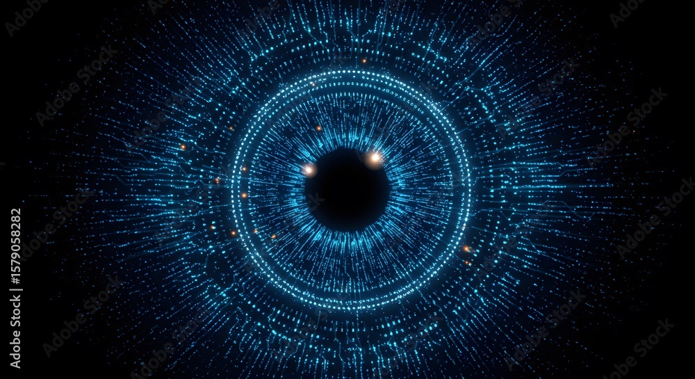 Aufkleber digital eye with glowing blue lines and circular patterns on a black background design concept