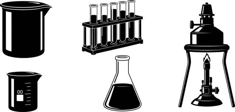 Science lab equipment vector illustration featuring beakers test tubes flask and bunsen burner graphic design