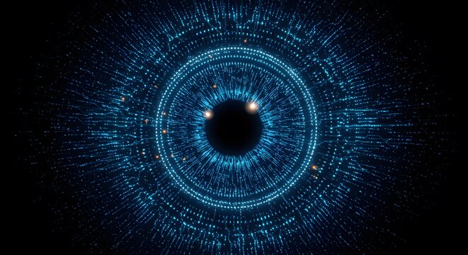 Digital eye with glowing blue lines and circular patterns on a black background design concept