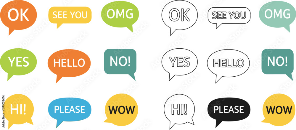 Poster vector speech bubbles with common expressions ok see you omg yes hello no hi please wow for communic