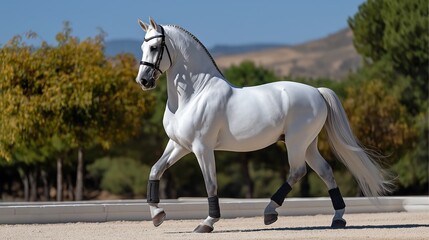 Andalusian stallion performing classical dressage in a sandy arena, traditional Spanish tack in full view. 
