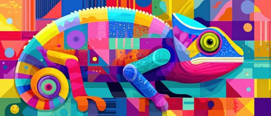 Obraz premium Vibrant Chameleon Illustration with Geometric Shapes and Bold Colors Abstract Animal Art with a Modern, Playful Design for Creative Projects