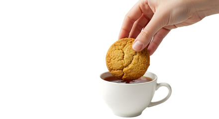 hand dipping biscuit into tea cup, white background
