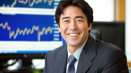 Fototapeta premium Cheerful Asian investor smiles in front of stock chart on the monitor screen