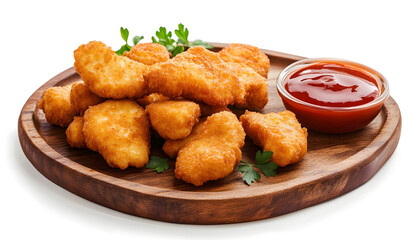 Fototapeta premium Chicken nugget on a wooden tray, isolated on a white background