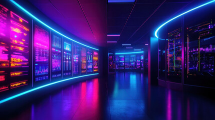 Vibrant digital environment showcasing advanced data visualization with neon lights and screens displaying various metrics and analytics