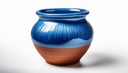 clay pot with blue ceramic glaze white background