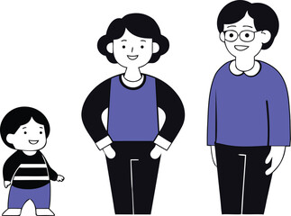 Cartoon vector illustration of a young couple, a boy and a girl, standing together with a child, showing family love and fun