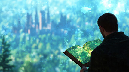 Person reading elegant book with vibrant green pages, surrounded by serene landscape of trees and distant castles, evokes sense of wonder
