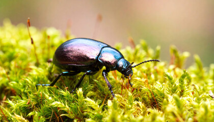 Macro Photo of Shiny Metallic Beetle on Green Moss in Natural Habitat
