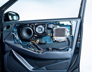 car door without panel closeup showing inner mechanism wiring speaker and handle useful for auto repair electronics diy tutorials mechanical education car maintenance engineering content