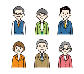 中高年の男女のビジネスパーソンの、カラフルな上半身イラスト素材セット＿ベクター＿カラー