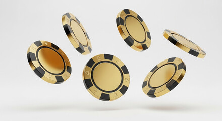 Gold and black casino chips floating against a white background gambling poker chips
