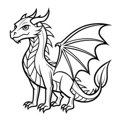 Dragon coloring book page for kids and adults. Black and white line art illustration of a fantasy mythical creature. Vector outline for a printable coloring sheet or tattoo design.