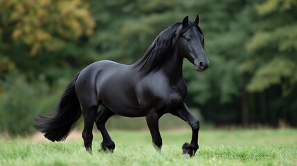  Friesian horse galloping through a green pasture, black coat shining under natural sunlight.