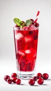 refreshing cranberry juice in tall glass with ice cubes, mint leaves, and fresh cranberries