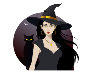 A black-dressed cartoon witch in a pointy hat flies on her broom with a pumpkin, embodying the spooky spirit of Halloween night