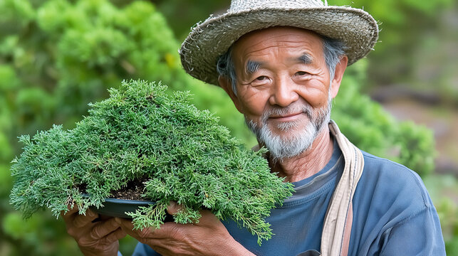 Happy Old Asian gardener holds a bonsai tree outdoors in a natural setting