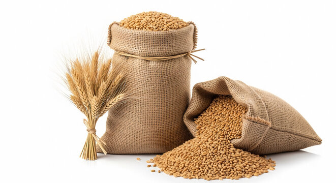 Two burlap sacks filled with golden wheat grains and wheat stalks agriculture