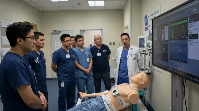 Medical professionals gather for training simulation with a mannequin, reviewing patient data on a monitor in a hospital setting.