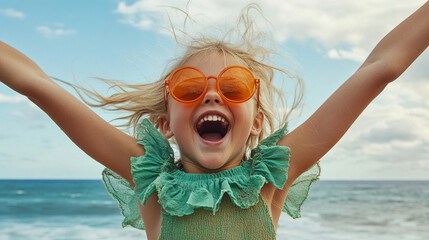 Happy girl summer vacation beach fun lifestyle portrait with sunglasses and ocean background image stock photo