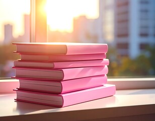 Pink books stacked by window