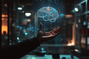 Human hand holding a glowing digital brain with intricate neural network connections and data points floating upwards