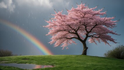 Cherry blossom tree under rainbow on a rainy day in spring