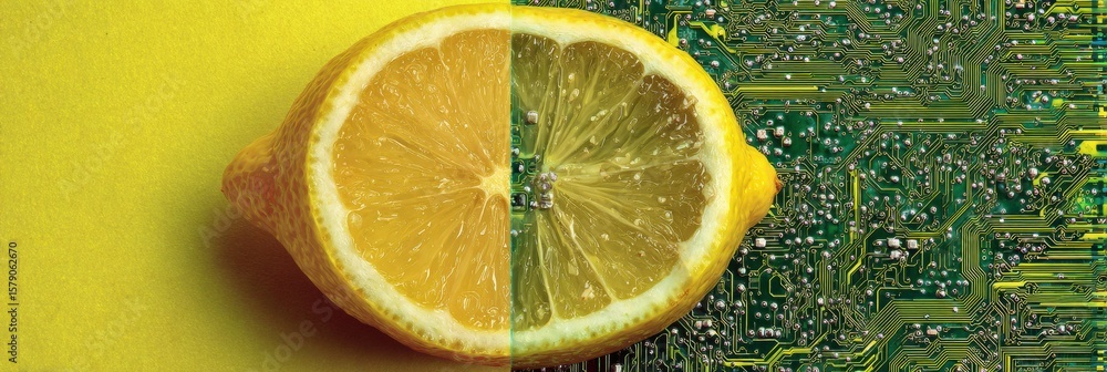 Poster half lemon with digital circuit texture placed on a vibrant yellow background showcases the fusion o