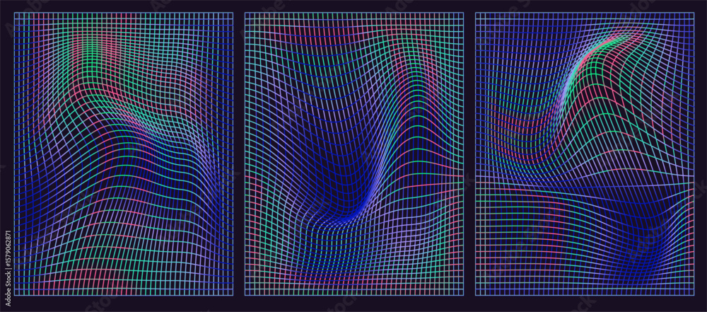 Poster abstract vector backgrounds in modern op-art style with colorful warped grids. features blue, pink, 