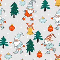 Christmas themed ice skating cute gnomes pattern design