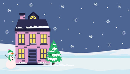Fototapeta premium Vibrant pink house with snowman and tree in winter wonderland setting under starry night sky