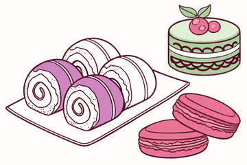 Hand Drawn Collection of Macarons, Petit Fours, and Sponge Rolls – Vintage Dessert Sketch
