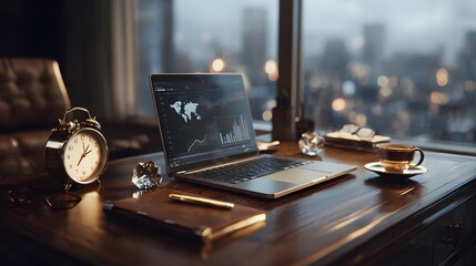 Luxury CEO desk setup with high-end business tools and global market report. Elegant and professional tone. No people shown.