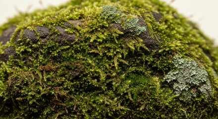 Close-up of a rock covered in vibrant green moss and lichen, showcasing textures and natural detail.