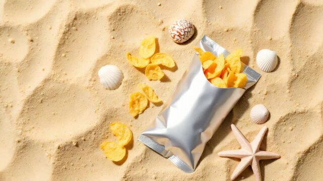 Sea-inspired snack arrangement with chips and seashells on sand  