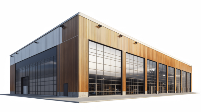 Modern Industrial Warehouse with Wood and Glass Facade