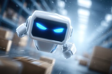 Futuristic delivery robot in warehouse