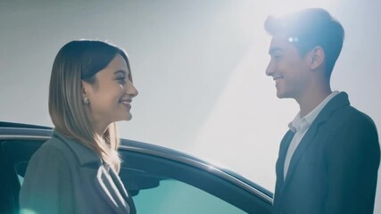 Confident businessman in elegant suit examining premium car interior with sophisticated attention to detail. Perfect for luxury automotive and professional lifestyle content