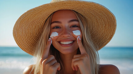 Woman applying sunscreen at beach for skin protection and uv defense during summer vacation travel