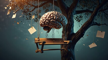 a tree with a swing and a brain on it | tree swing, swing brain, swing, tree, brain, high quality, stock photo, digital art, there is a tree with a swing and a brain on it