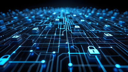 Photo of a futuristic cybersecurity network with glowing blue circuits and padlocks