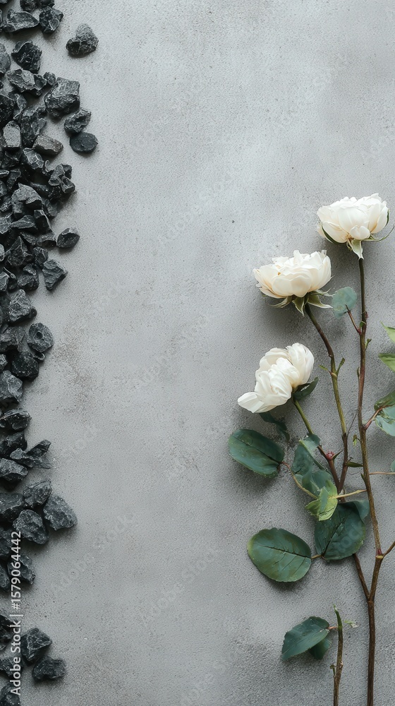 Poster white roses and dark stones contrast on a textured gray surface, creating a minimalistic and elegant