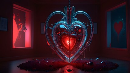a heart shaped object in a room with a red light 