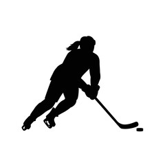 Fototapeta premium Dynamic Silhouette: Ice Hockey Player in Action: A sleek, high-contrast silhouette captures the essence of athleticism, showcasing a hockey player in dynamic action with a puck.