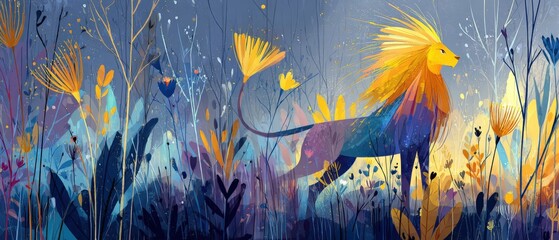 Colorful lion illustration in a whimsical floral landscape Fantasy art of a majestic lion in a vibrant, stylized garden Concept of wildlife, nature, and imagination